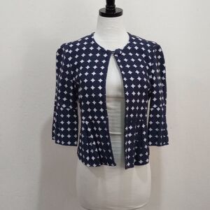 MARNI Geometric Print Crop Pleated Peplum Open Front Jacket Blazer Navy 36 / S